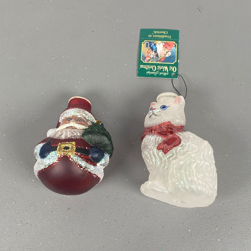 Old World Christmas Glass Light Covers Santa and White Cat Set of 2 Glitter